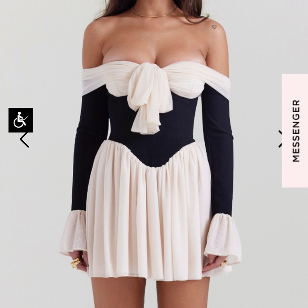Looking for House of CB Alana Cream & Black Off Shoulder Dress in size S/M